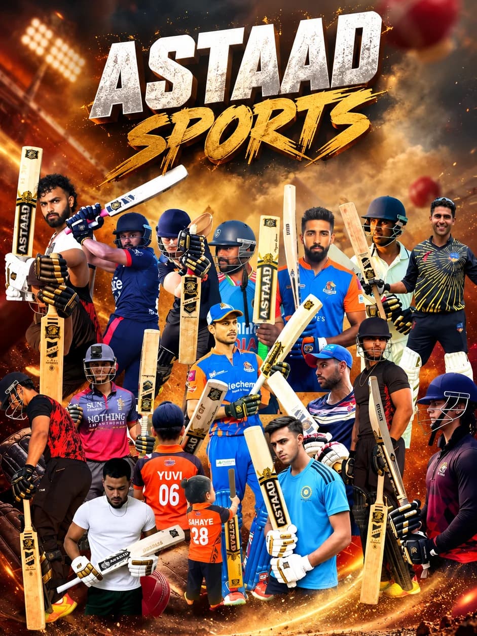 Astaad Sports: players in their team colours with their Astaad bats, gloves and helmets.